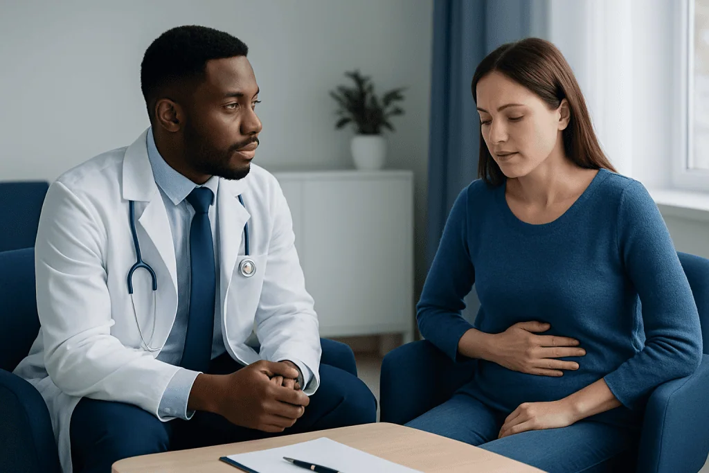 Doctor consulting with a woman patient about nausea symptoms.