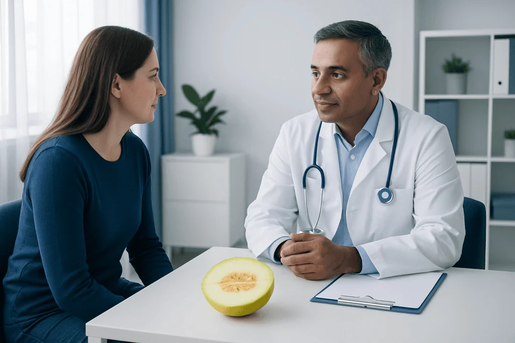 Doctor consulting with a female patient in a modern medical office.