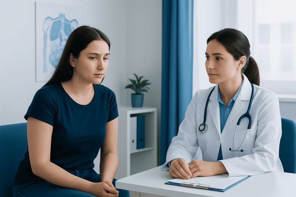 Doctor consulting with a young woman in a medical office setting.