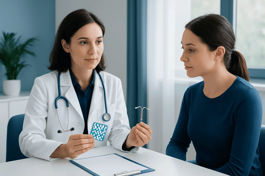 Doctor explaining birth control options to a patient in a clinic setting.
