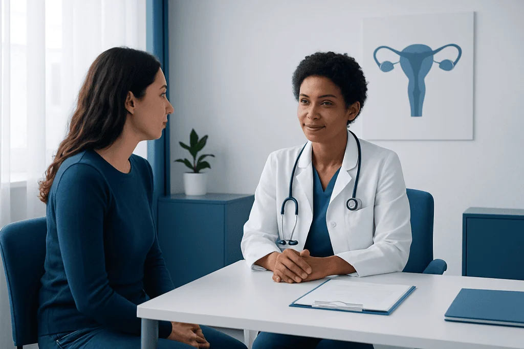 Doctor consulting a patient in a medical office with reproductive health diagram.