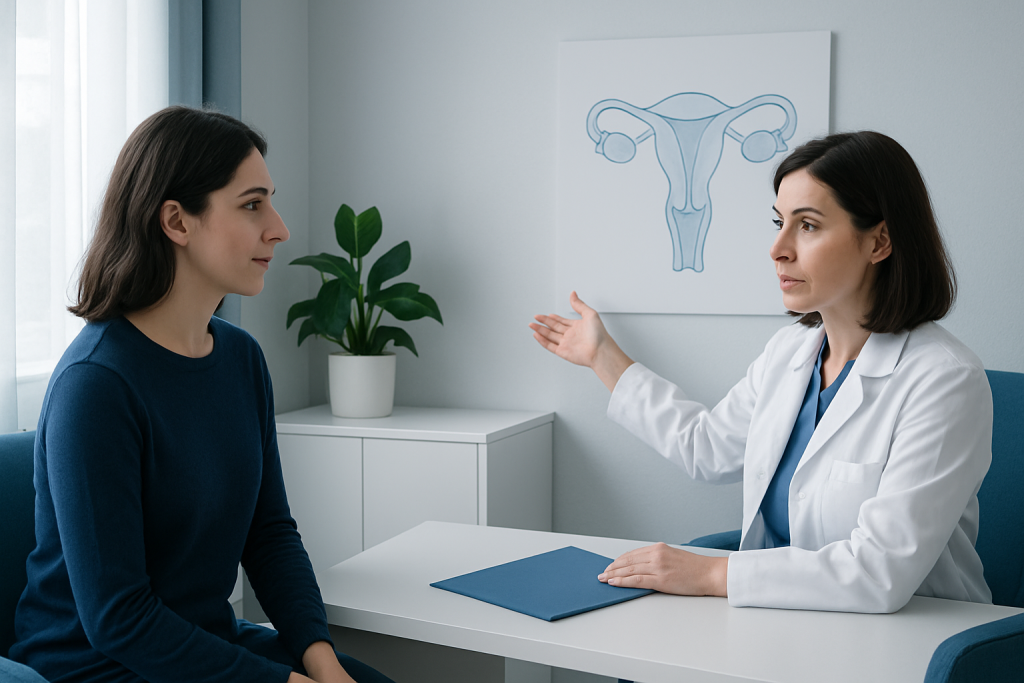 Gynecologist explaining reproductive system to patient in clinic.