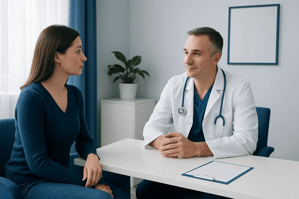 Doctor consulting with a patient in a modern medical office.