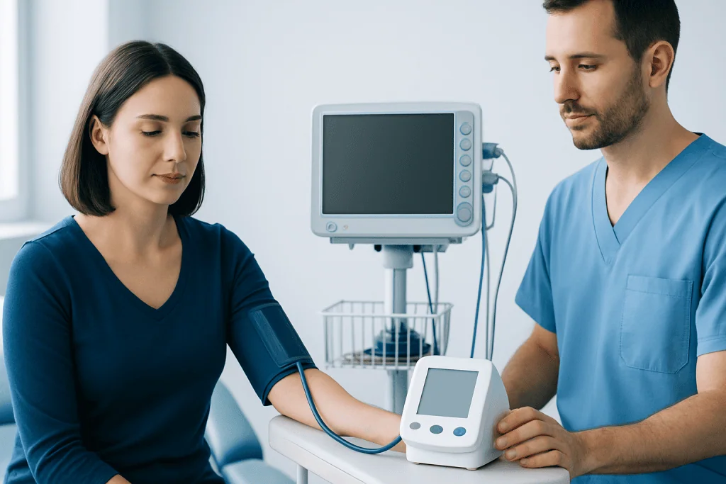 Healthcare professional measuring blood pressure of a woman in a clinical setting.