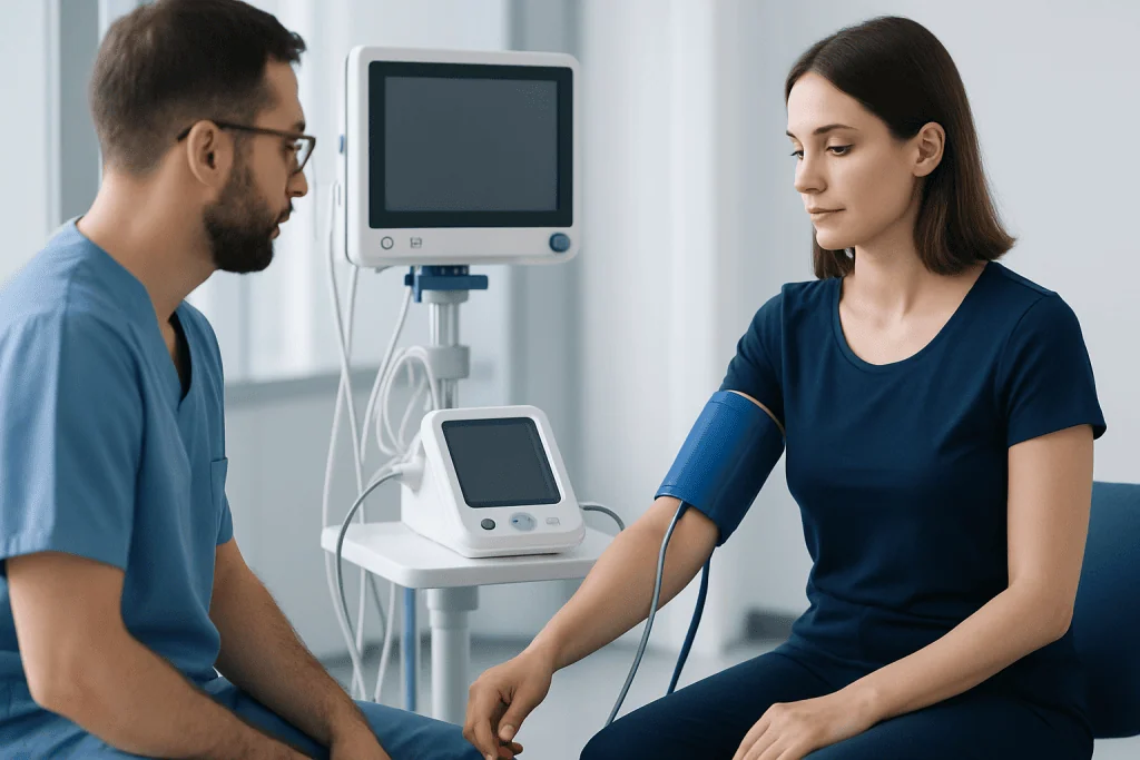 Patient's blood pressure being measured in a medical clinic setting.