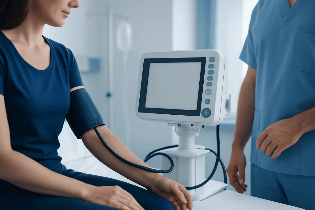 Patient having blood pressure measured at Acibadem Hospital.