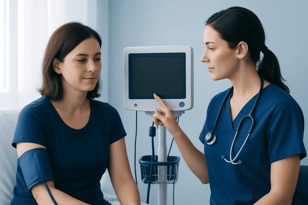 Healthcare professional measuring blood pressure of a patient in a clinic.
