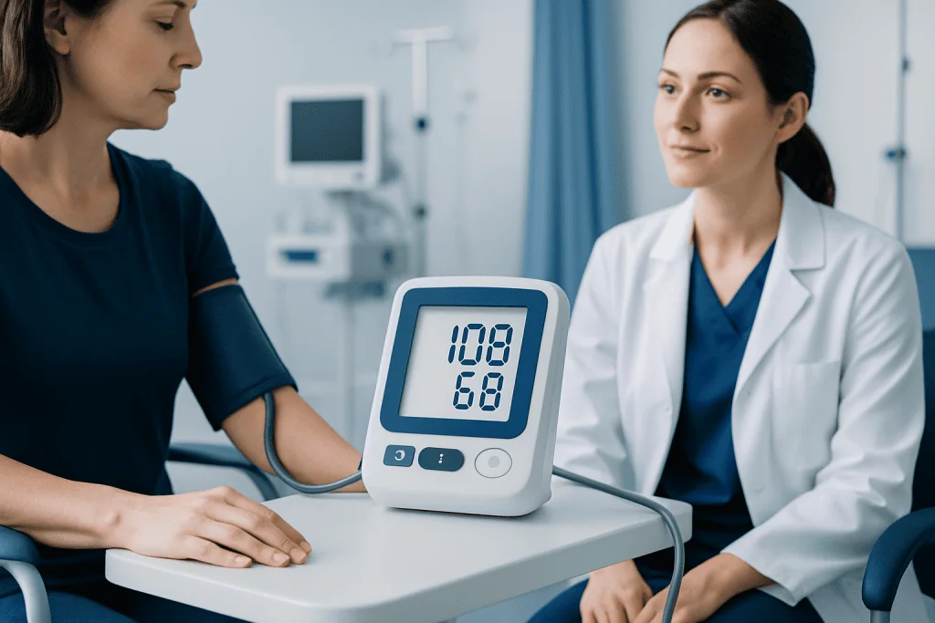Patient's blood pressure reading 110/68 during a medical checkup.