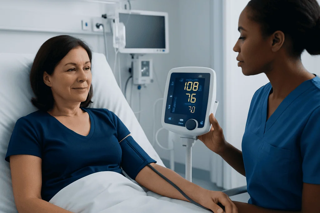 Patient's blood pressure reading 108/76 monitored by healthcare professional.