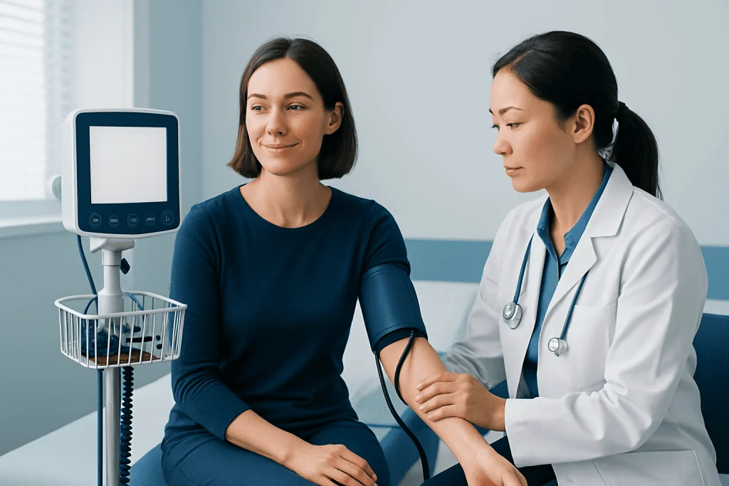 Doctor measuring woman's blood pressure in a clinical setting.