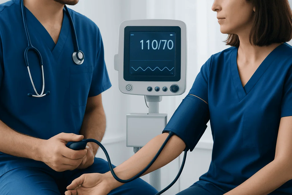 Healthcare professionals measuring blood pressure with monitor showing 110/70.
