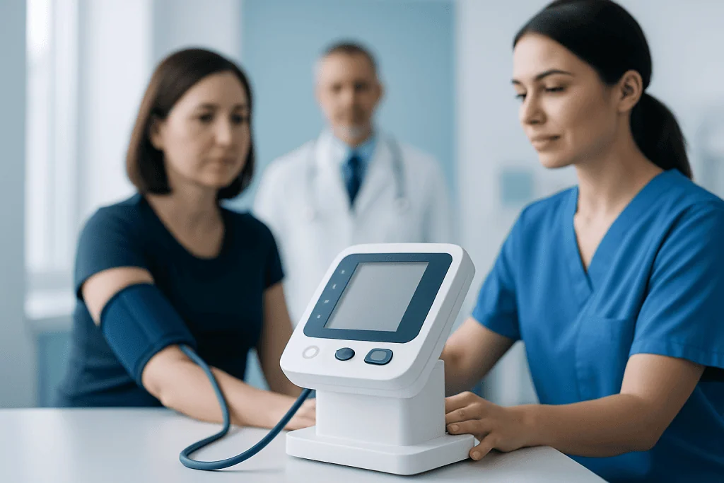 Nurse measuring blood pressure with digital monitor in hospital setting.