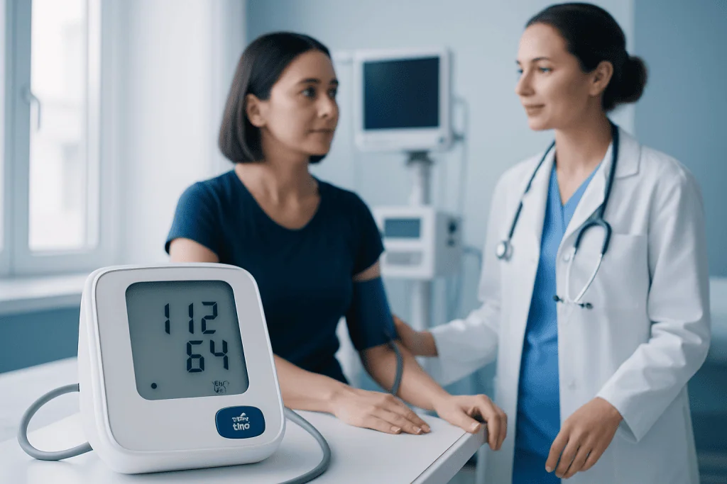 Medical professional measuring blood pressure of a patient in a clinic.