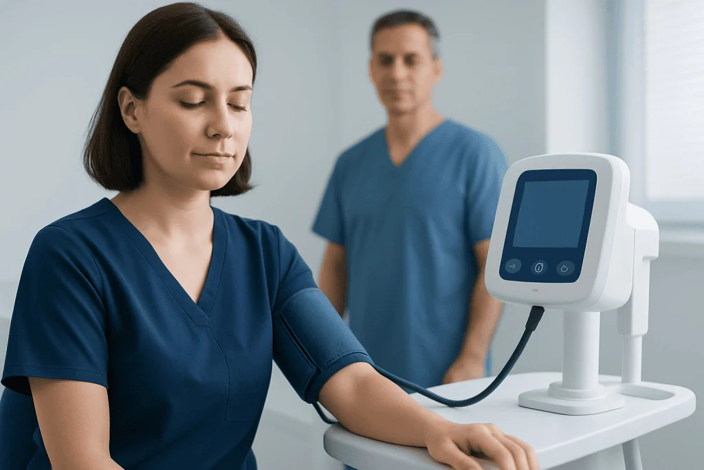 Healthcare professional measuring blood pressure with monitor in clinic.