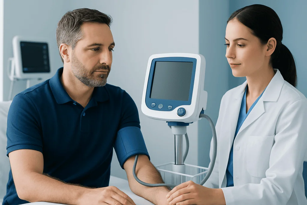 Doctor measuring blood pressure of a patient in a clinical setting.