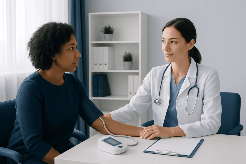 Doctor measuring patient's blood pressure in a medical consultation room.