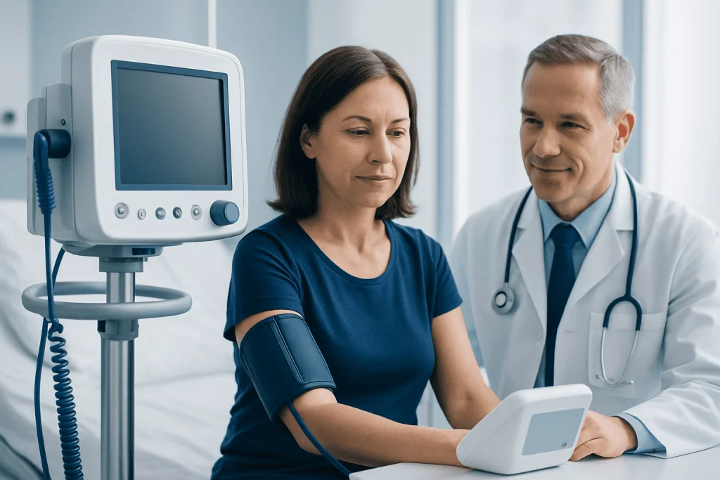 Doctor checking blood pressure of a woman patient in hospital.