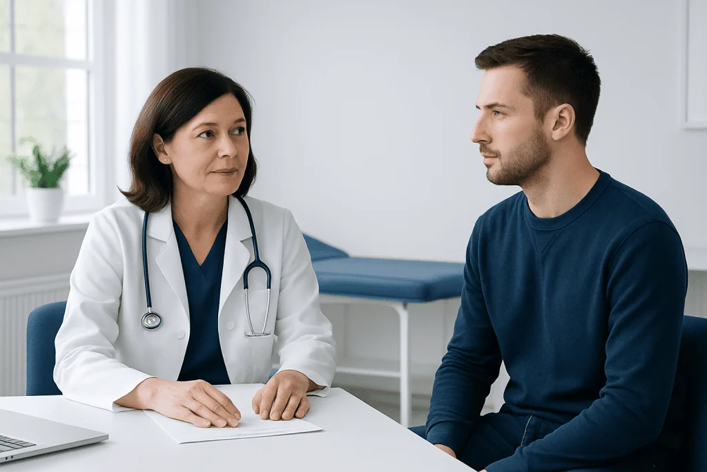 Doctor consulting with a young male patient in a medical office.