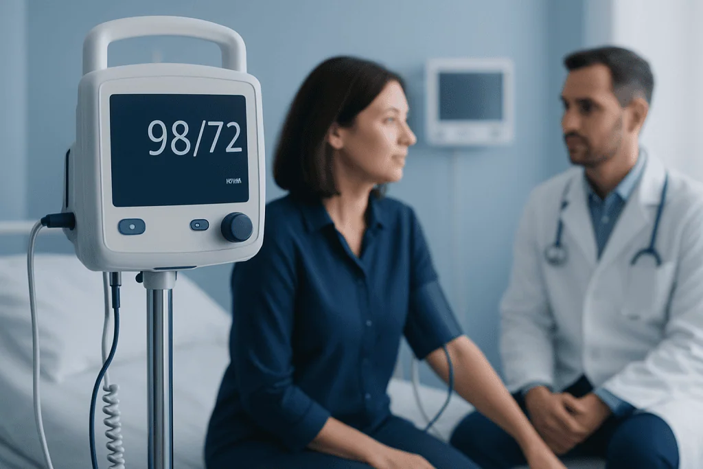 Blood pressure monitor displaying 98/72 reading in a medical consultation room.