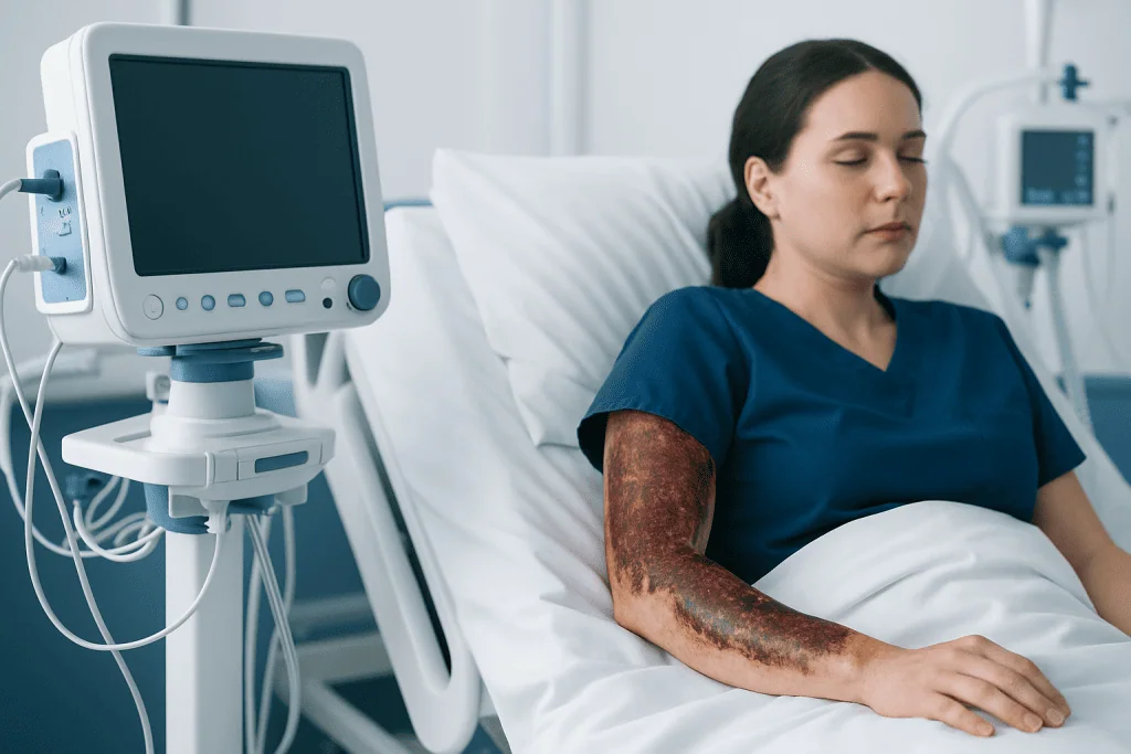 Patient with third-degree burn on arm in hospital bed with medical equipment nearby.