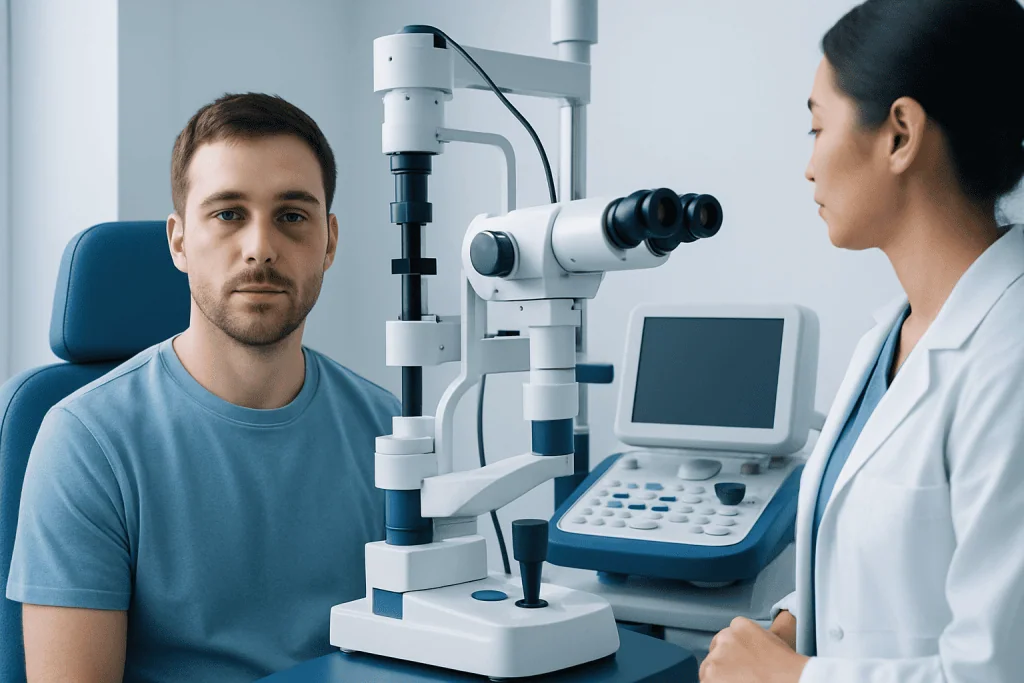 Eye examination using slit lamp at a medical clinic.