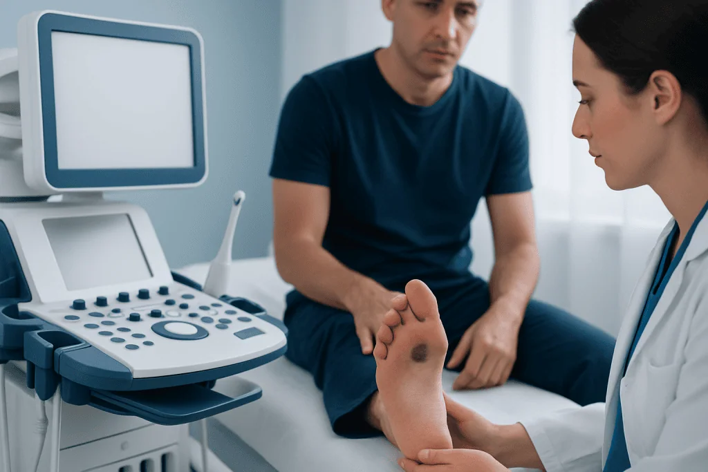 Doctor examining patient's foot with ultrasound machine in clinic.