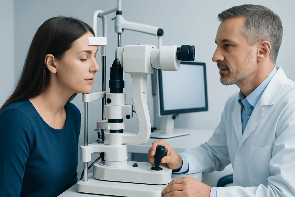 Ophthalmologist examining a patient's eye with a slit lamp microscope.