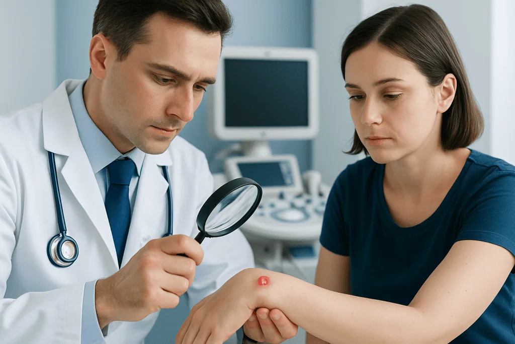 Doctor examining patient's skin with magnifying glass in clinic setting.