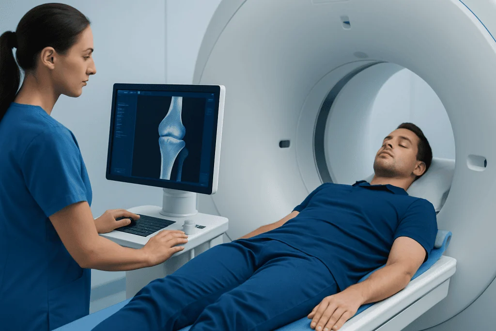 Patient undergoing MRI scan at Acibadem Hospital for bone health assessment.