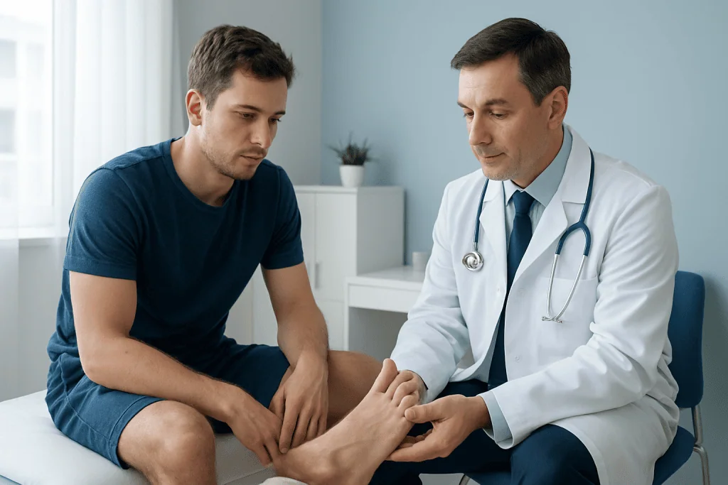 Doctor examining a patient's foot in a medical consultation room.