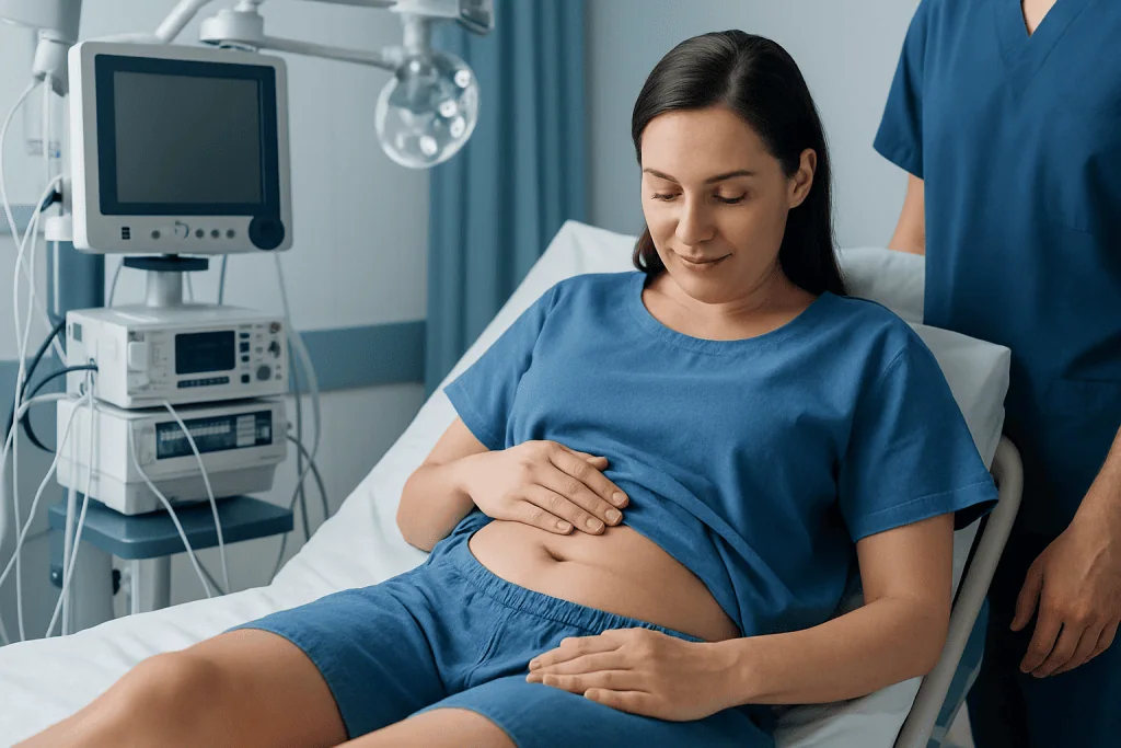 Young woman in hospital bed after C-section, with medical staff nearby.