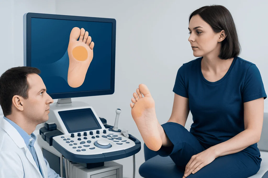 Medical consultation for foot callus with ultrasound imaging.