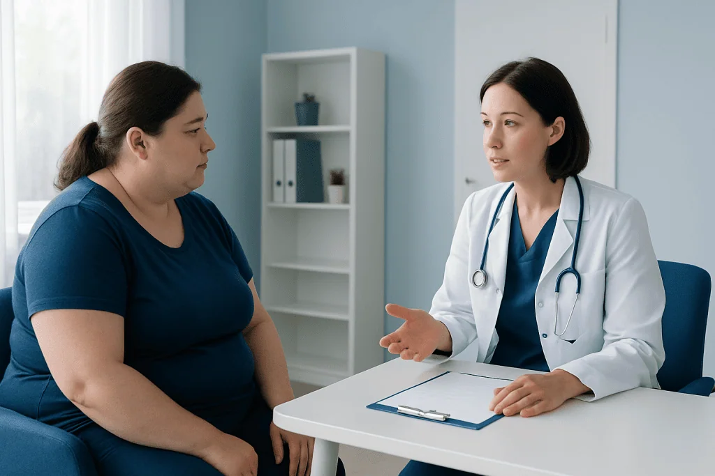 Doctor consulting with a patient about health in a medical office.