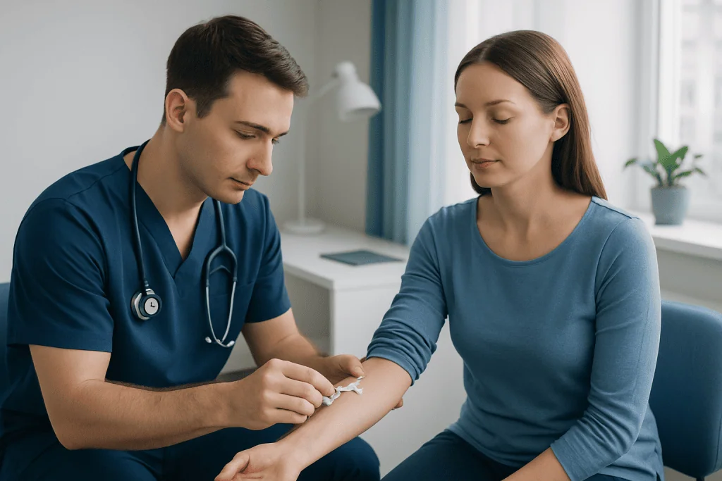 Medical professional applying a cannula to a patient's arm in a clinical setting.