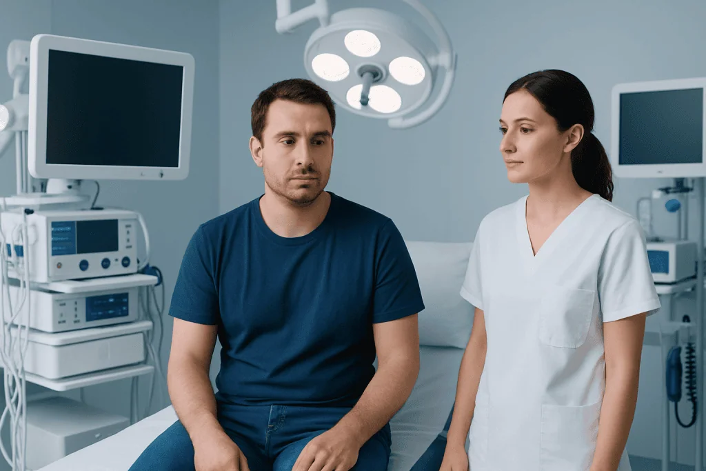 Patient consulting with doctor in hospital room.