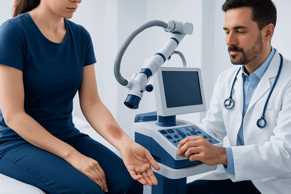 Doctor examining patient's arm with medical equipment in clinic.