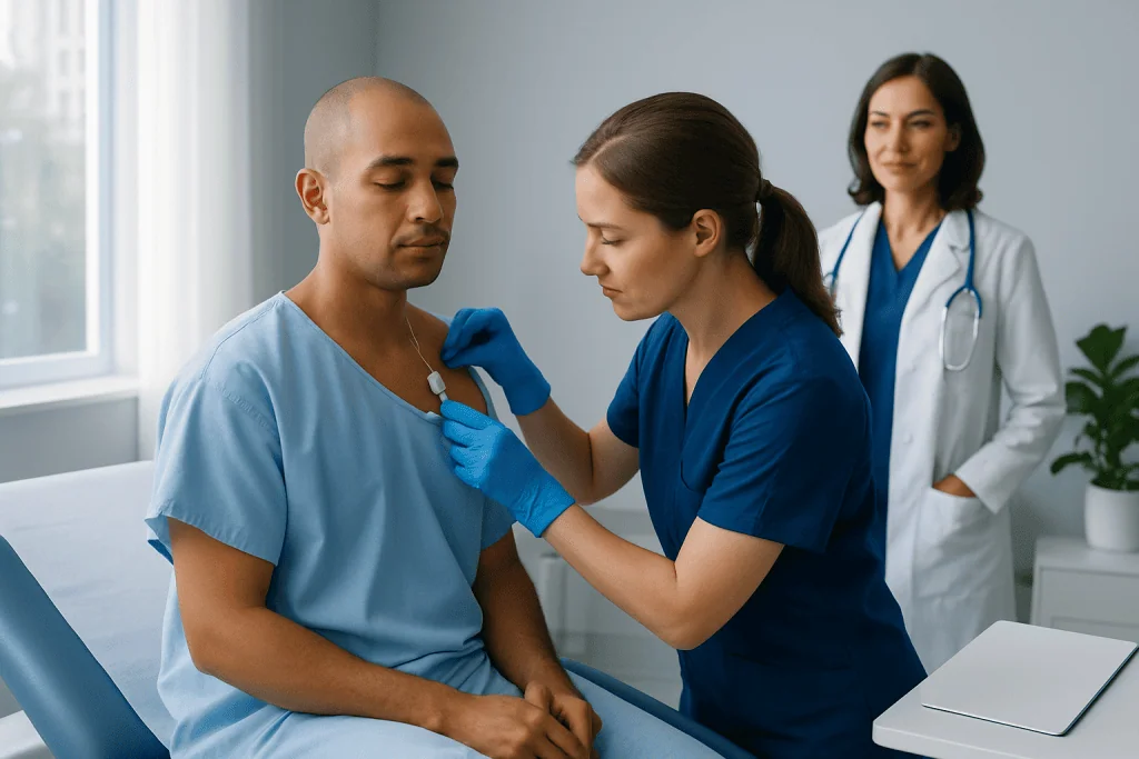 Medical professional administering a vaccination to a patient in a clinical setting.