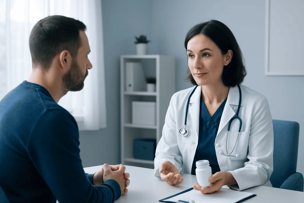 Doctor consulting with patient in a medical office setting.