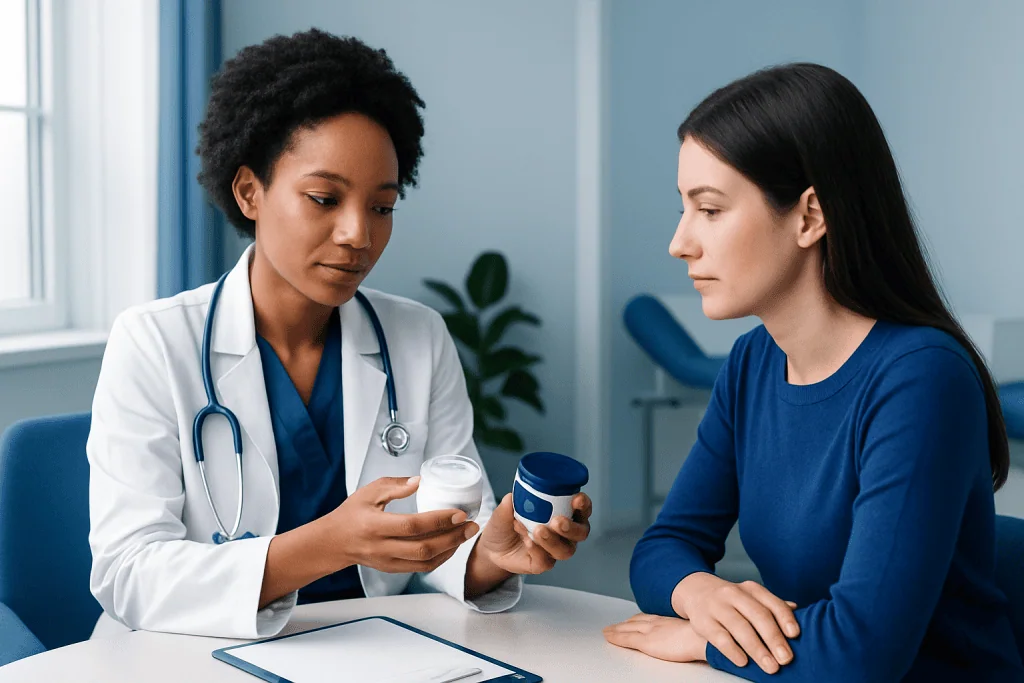 Doctor explaining skincare products to patient in clinic setting.