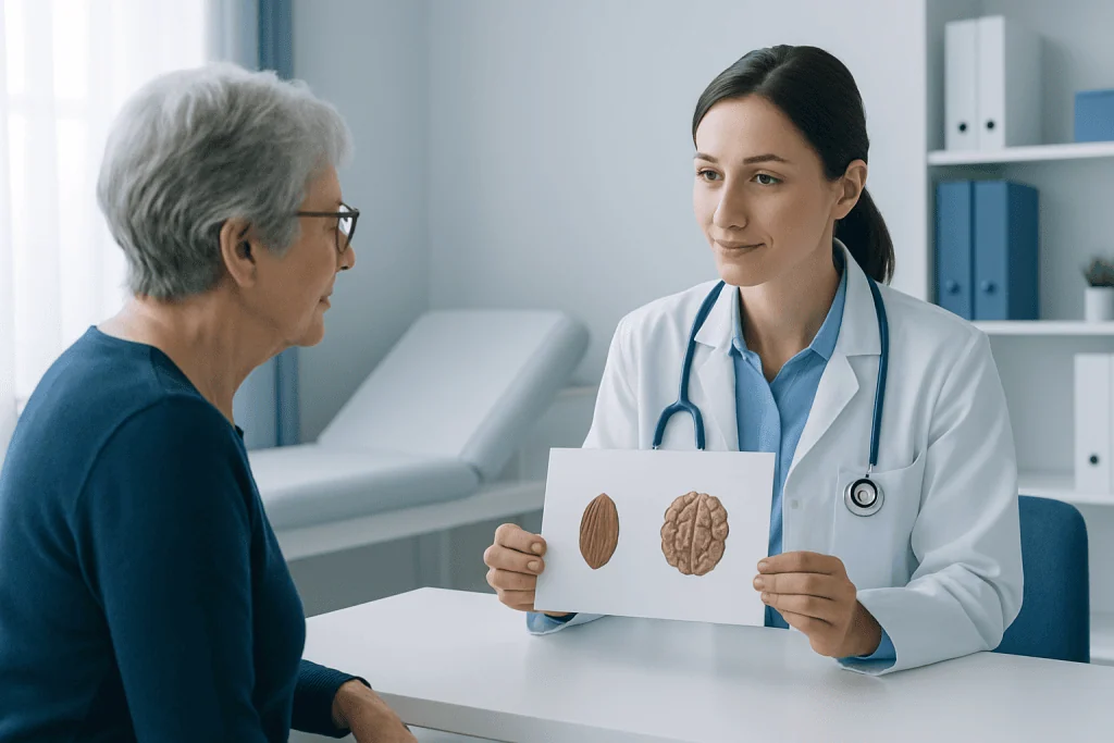 Doctor explaining nut differences to elderly woman in clinic.