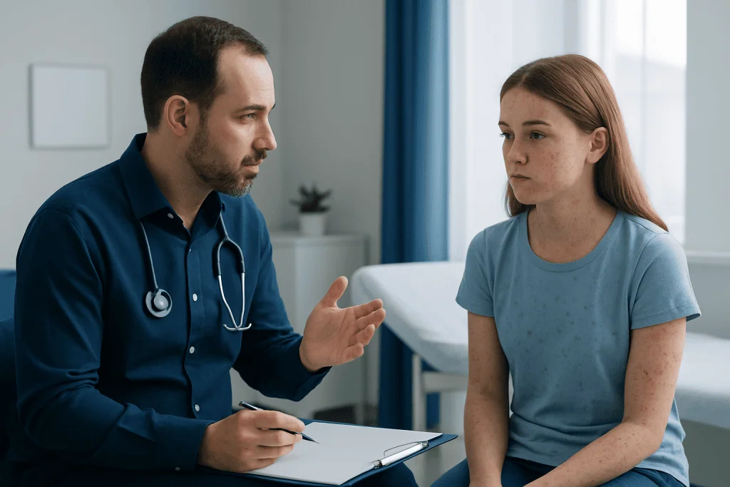 Doctor consulting with a young female patient in a medical office.