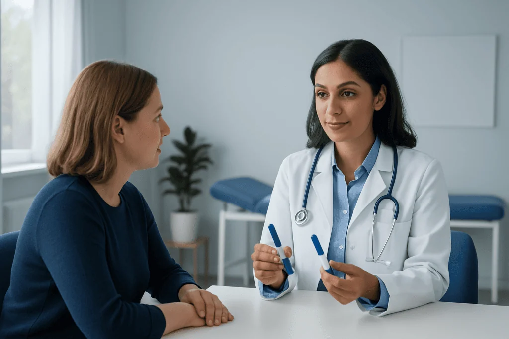 Doctor consulting with a patient in a modern medical office.
