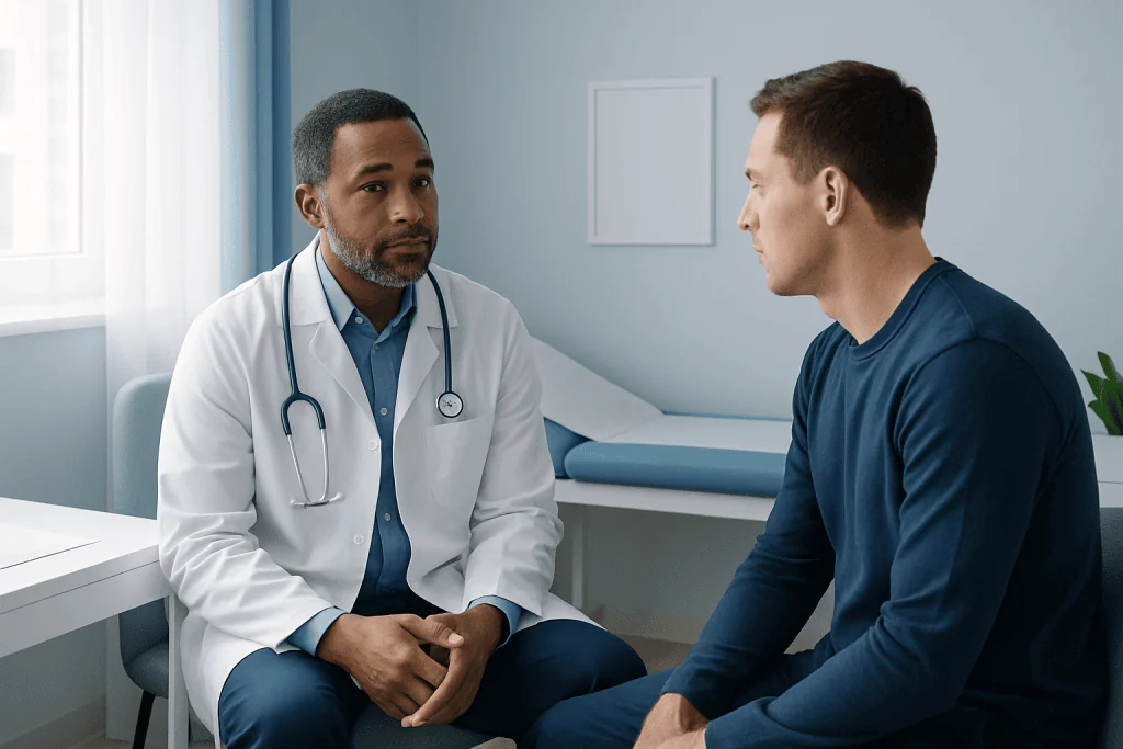 Doctor consulting with a male patient in a medical office.