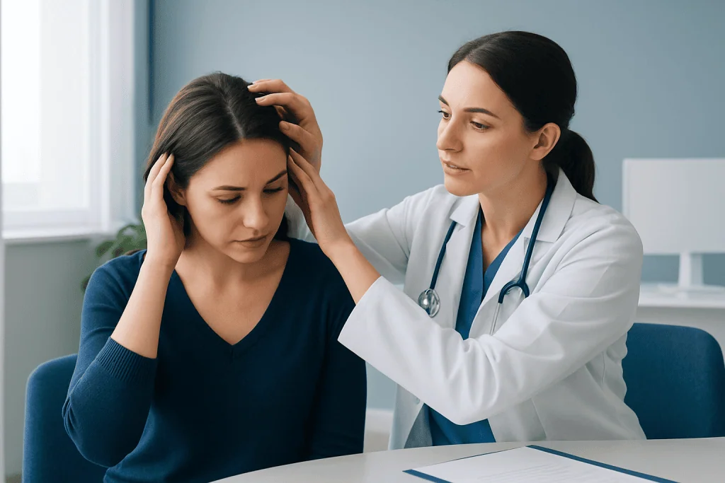 Doctor examining a woman's scalp for hair or scalp issues.