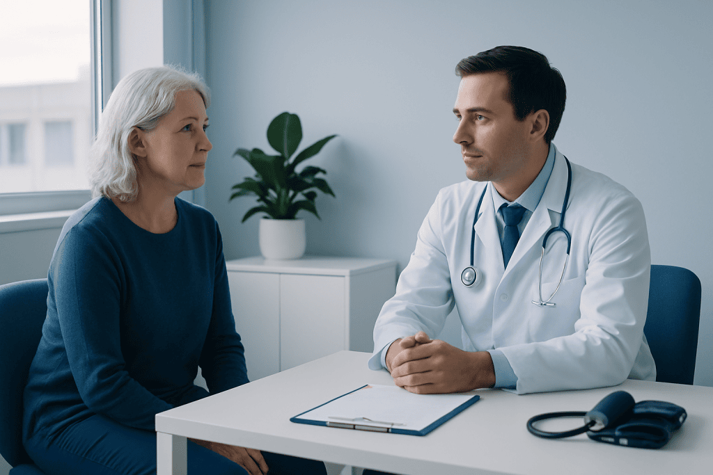 Doctor consulting with an elderly woman in a medical office.