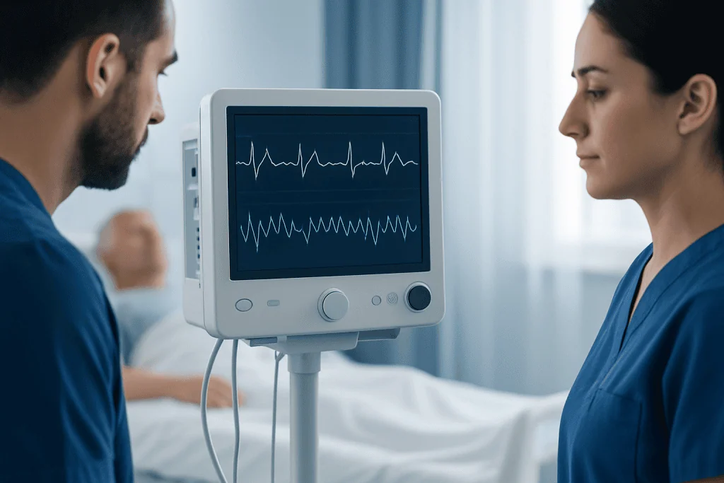 Medical professionals monitor heart activity on an ECG machine in a hospital.