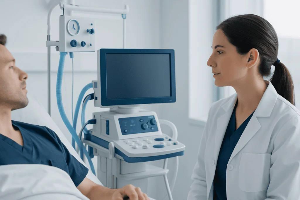 Doctor consulting patient in hospital room with medical equipment.