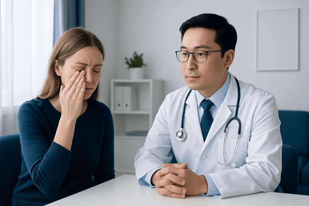 Doctor consulting with a woman experiencing eye discomfort in a clinical setting.