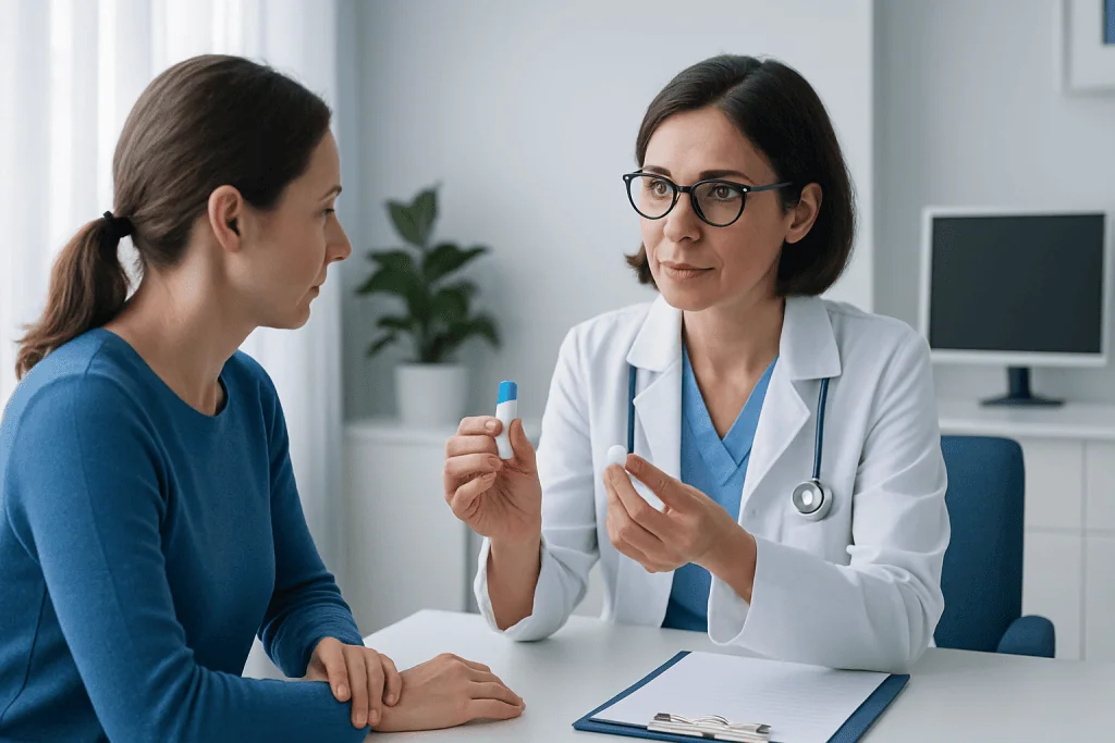 Doctor explaining medication options to a patient in a clinic setting.