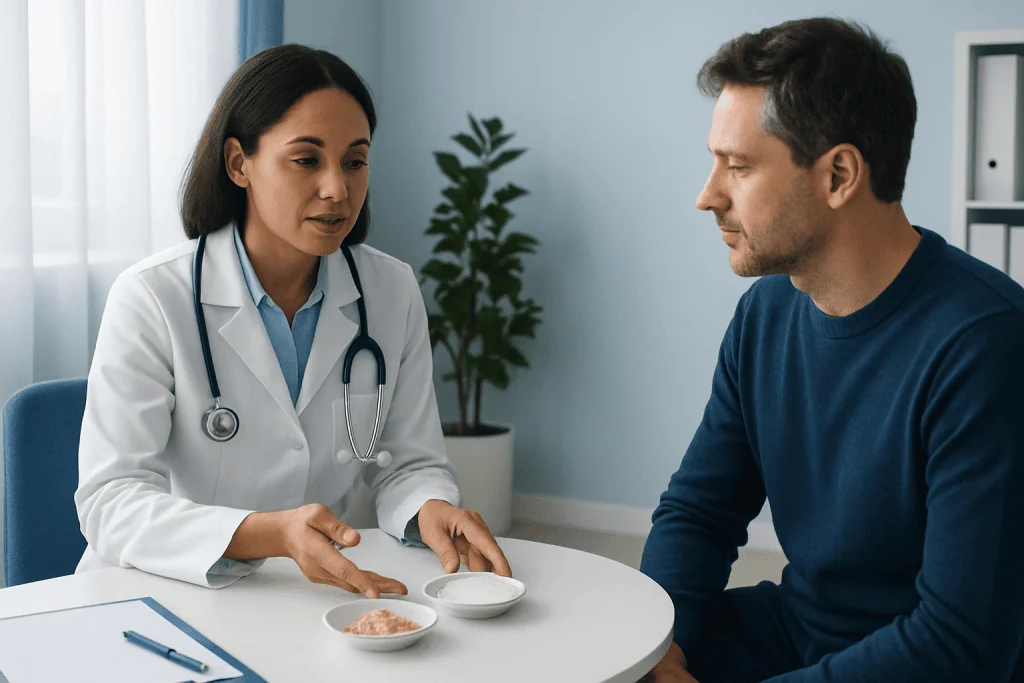 Doctor explaining salt types to a patient in a clinical setting.